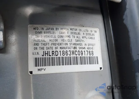 1998 Honda Cr-V Ex z USA, uszkodzony, nr VIN JHLRD1863WC091768
